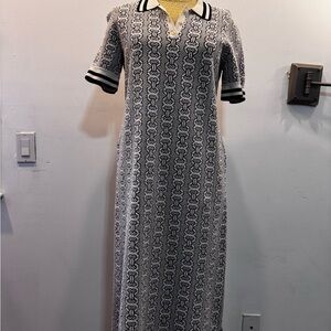Tory Burch Gray and White Polo Collar Maxi Dress